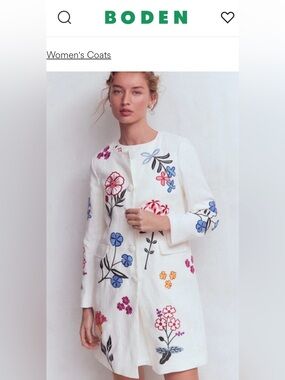 Boden White Floral Embroidered Coat with Blue, Red & Pink Flowers
